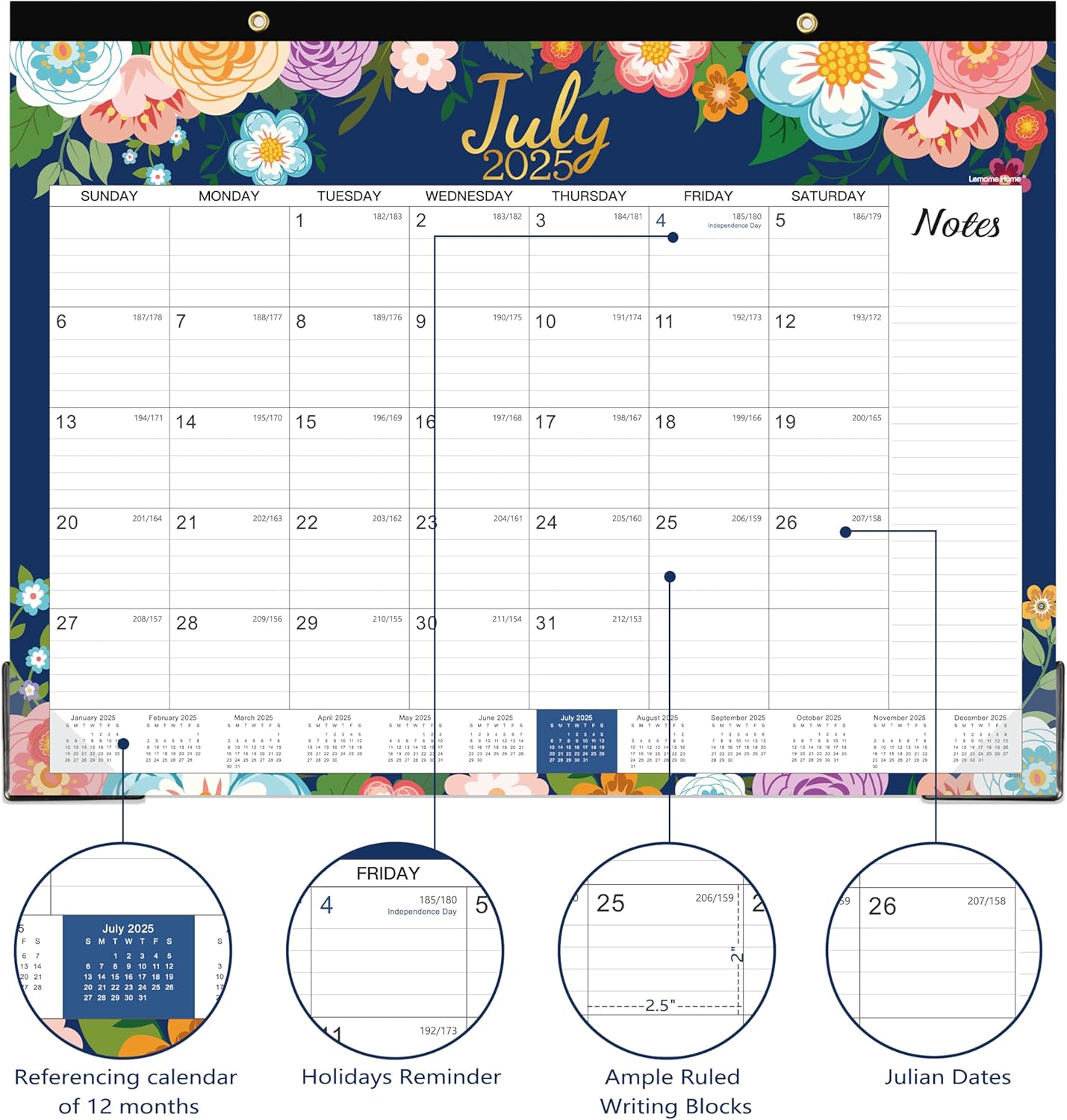 2025-2026 Desk Calendar - Large Desk Calendar 2025-2026, JUL. 2025 - Dec. 2026, 22" x 17", 18-Month with Corner Protectors - Blue Floral - Image 3