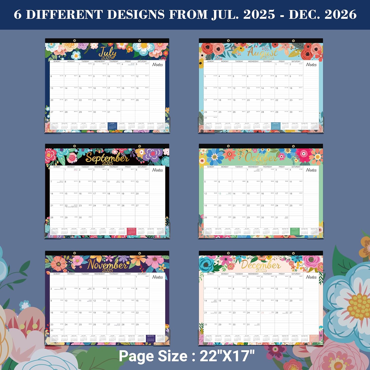 2025-2026 Desk Calendar - Large Desk Calendar 2025-2026, JUL. 2025 - Dec. 2026, 22" x 17", 18-Month with Corner Protectors - Blue Floral - Image 5