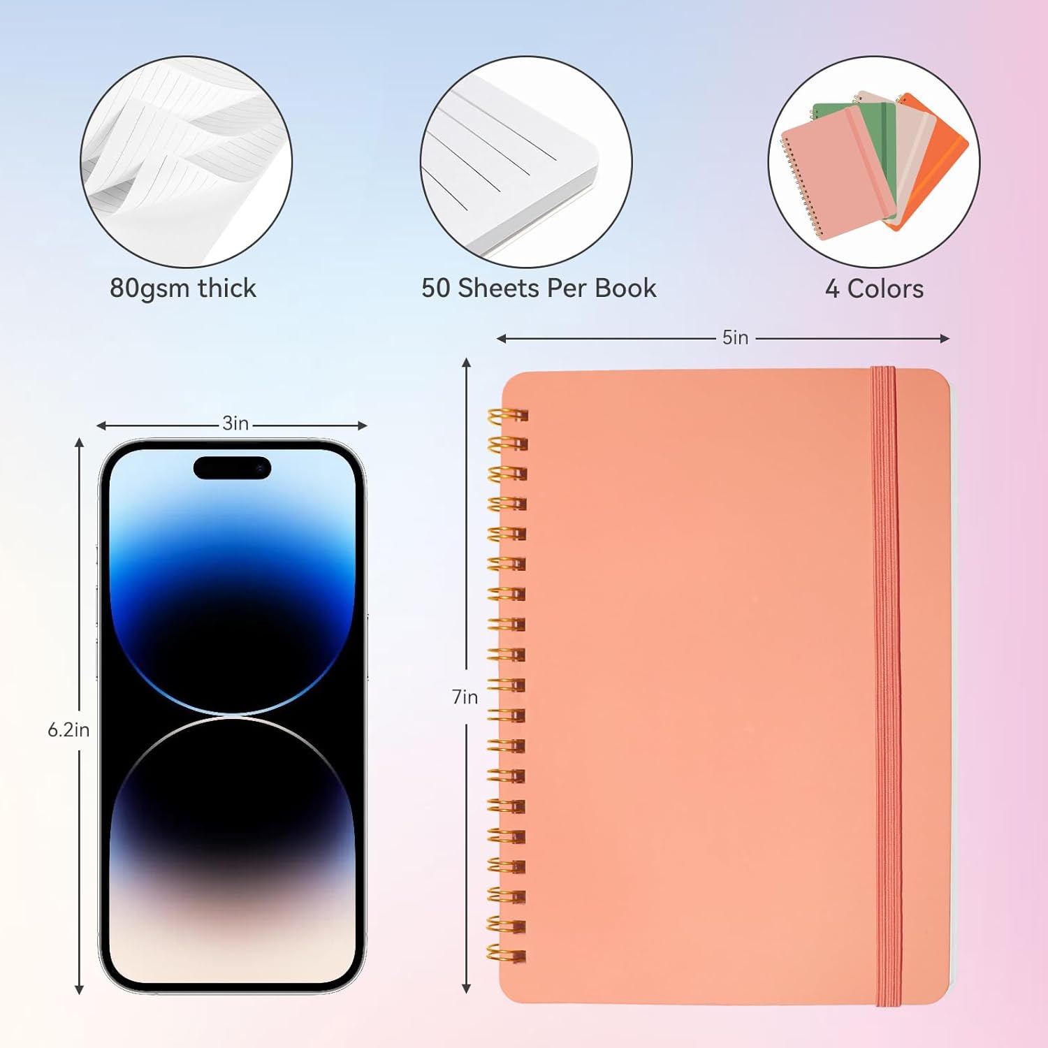 4 PCS Small Spiral Notebook 5x7, Spiral Journal Notebook, Notebooks for Work, Note Taking, School, Small Notebooks 5x7 with Strap, Cute Notebooks for Women 50 Sheets - Image 2