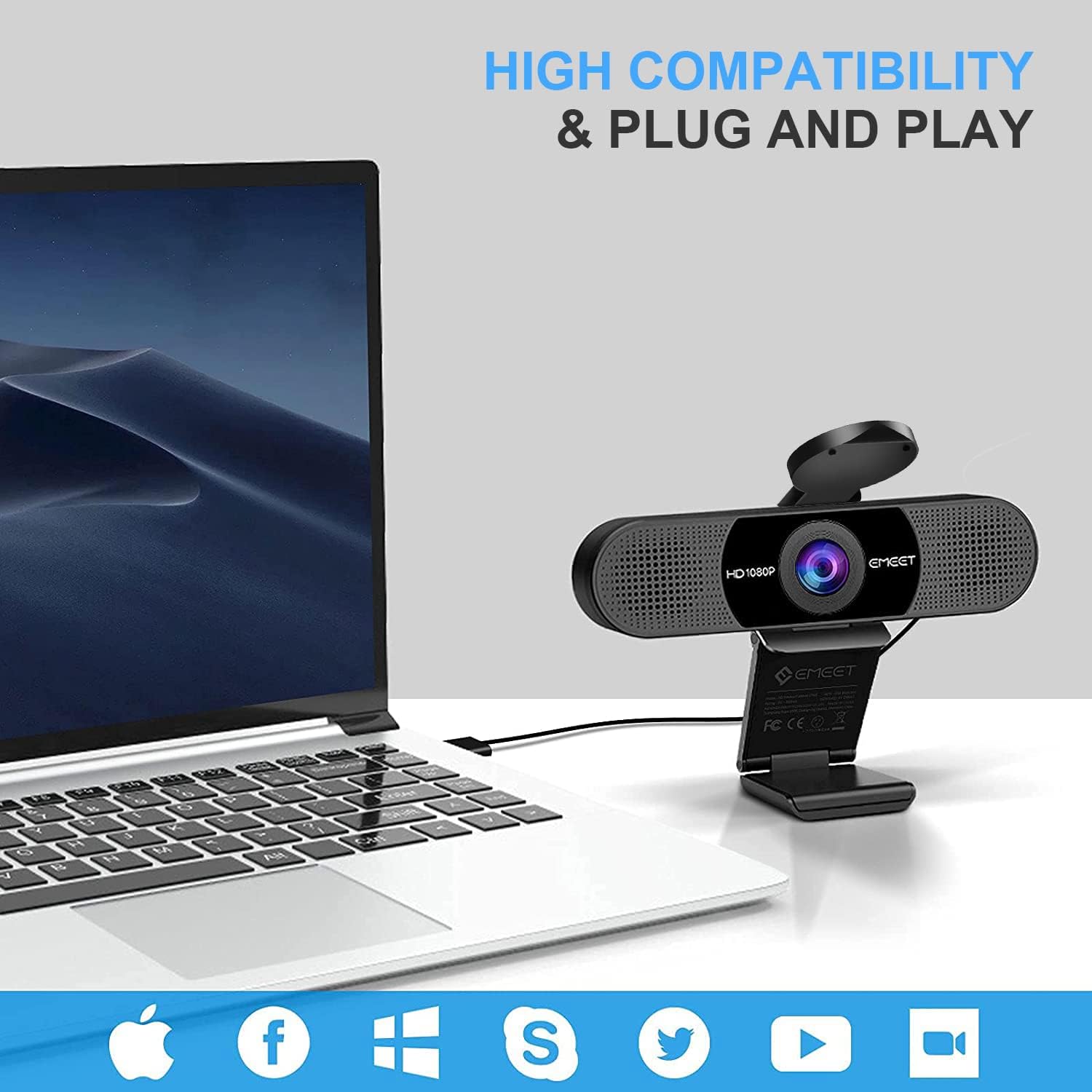 EMEET 1080P Webcam - USB Webcam with Microphone & Physical Privacy Cover, Noise-Canceling Mic, Auto Light Correction, Fixed Focus, C950 Ultra Web Cam w/ 70°View for Meeting/Online Classes/Zoom/YouTube - Image 7